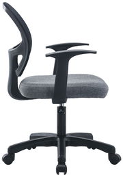 Seitenansicht eines modernen Drehstuhls mit grauem Sitzpolster und schwarzen Armlehnen.