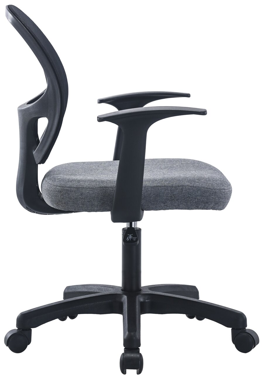 Seitenansicht eines modernen Drehstuhls mit grauem Sitzpolster und schwarzen Armlehnen.