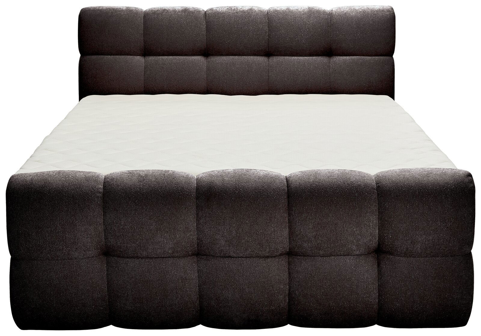 Frontale Ansicht eines Boxbetts mit gepolstertem Kopf- und Fußteil in dunklem Stoffbezug.