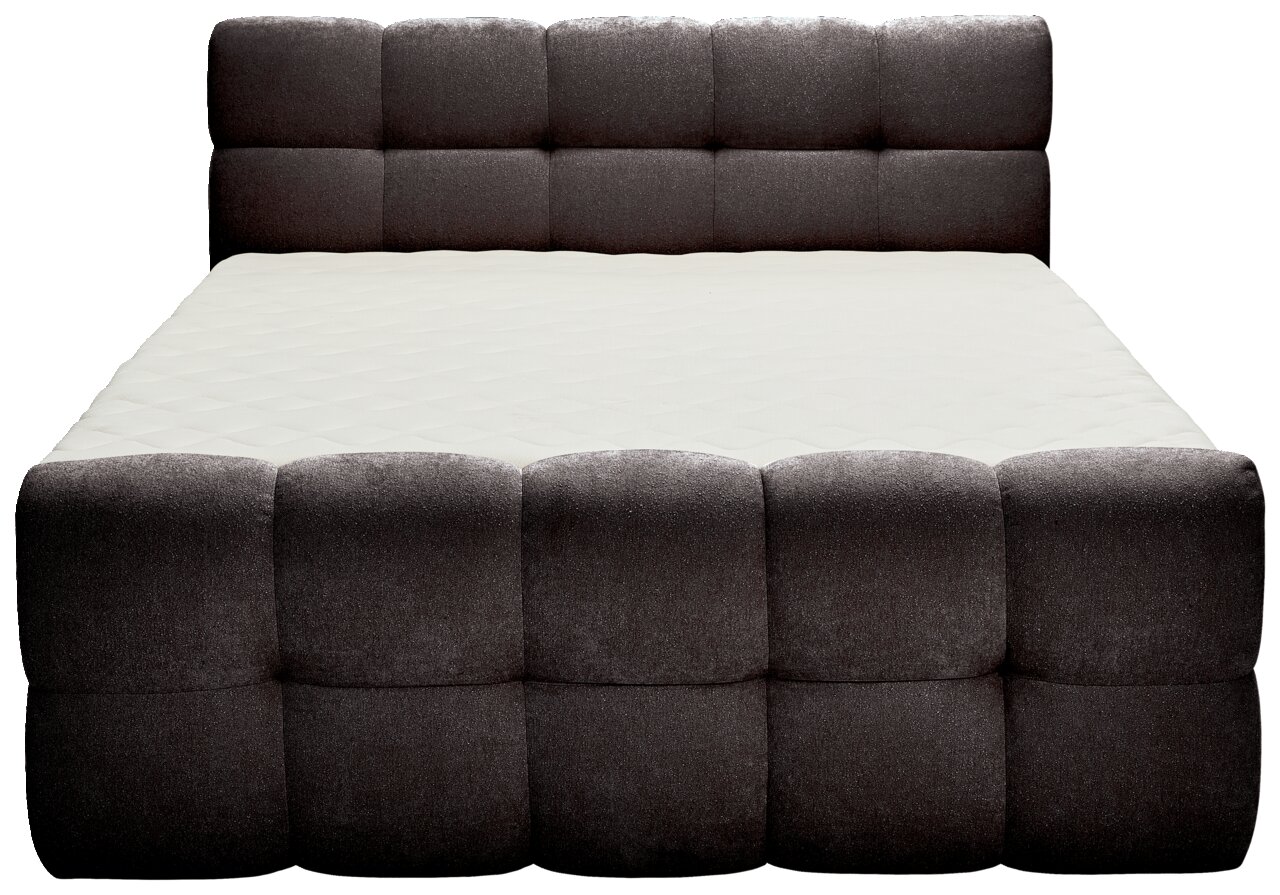 Frontale Ansicht eines Boxbetts mit gepolstertem Kopf- und Fußteil in dunklem Stoffbezug.