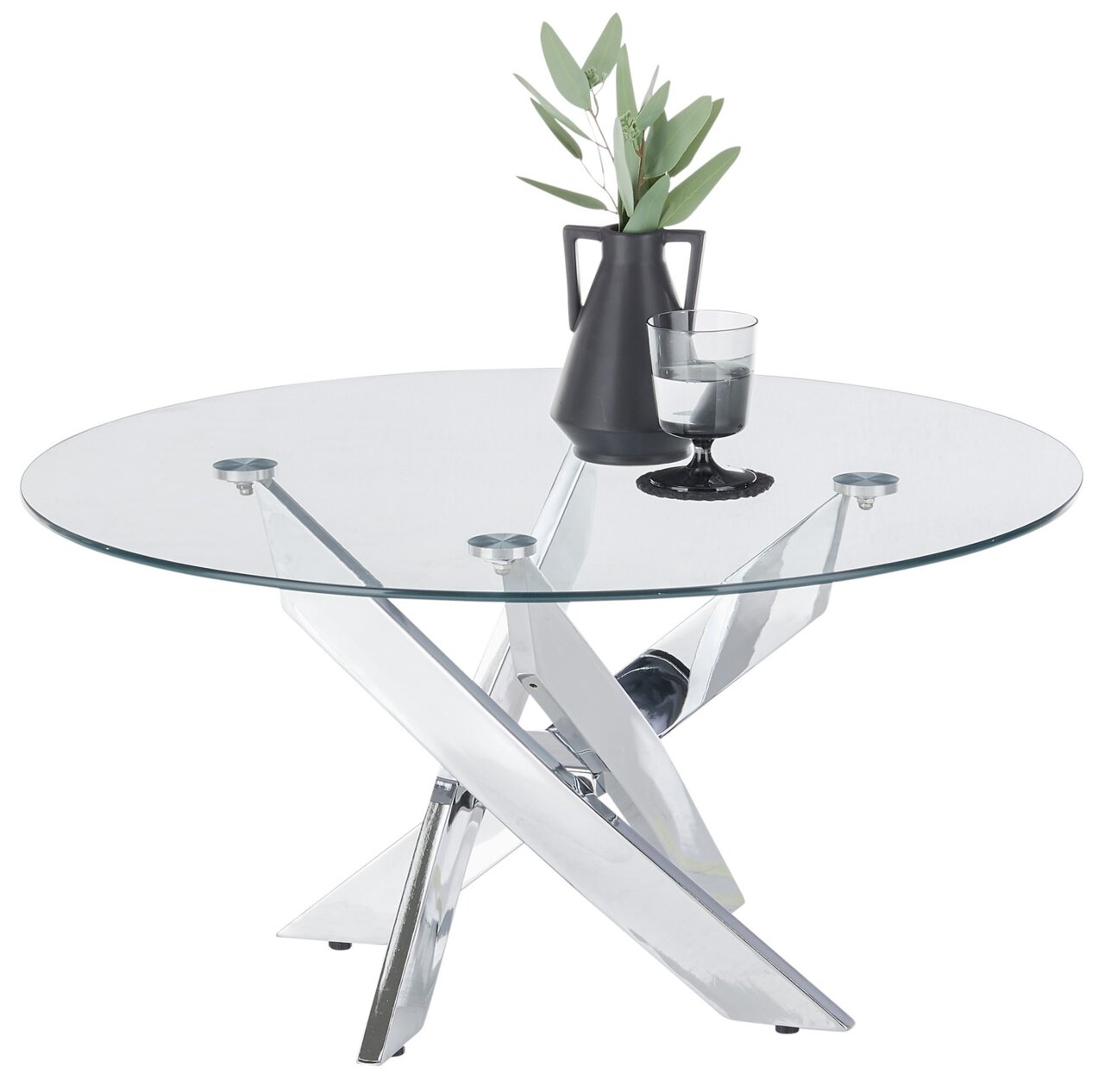 Zurbrüggen Salontafel KOPENHAGEN Moderne salontafel met rond glazen blad en verchroomd kruisvormig onderstel, zijaanzicht, versierd met een zwarte vaas en glas.