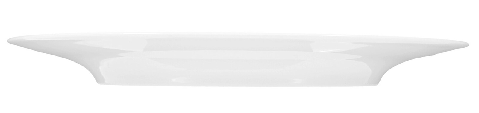 Seitliche Ansicht eines weißen Speisetellers Rondo/Liane mit elegantem, flachem Design.