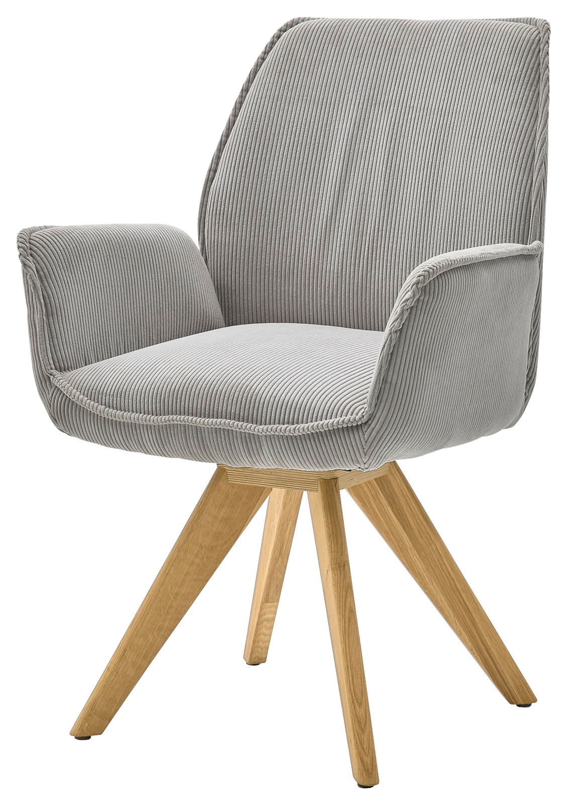 Grauer Armlehnstuhl mit Holzbeinen, seitliche Perspektive