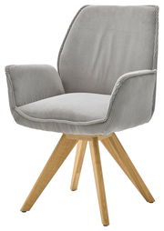 Grauer Armlehnstuhl mit Holzbeinen, seitliche Perspektive