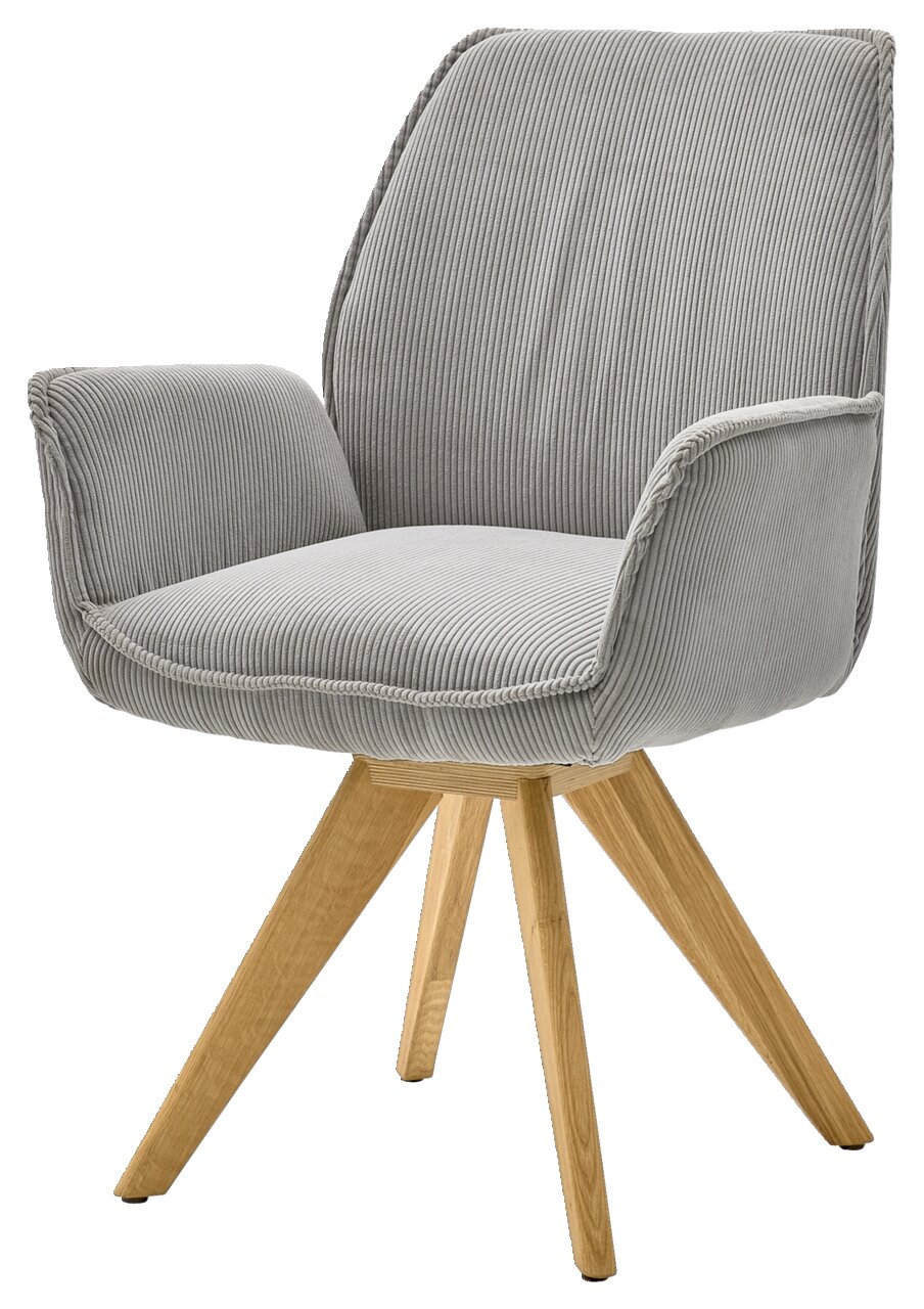 Grauer Armlehnstuhl mit Holzbeinen, seitliche Perspektive