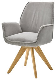 Grauer Armlehnstuhl mit Holzbeinen, seitliche Perspektive