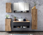 Moderne Badezimmermöbel mit Hängeschrank in Holzoptik, frontal betrachtet.