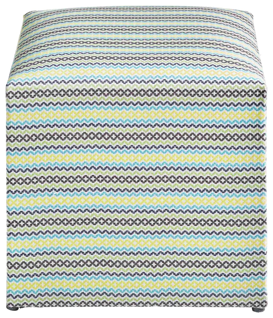 Sitzhocker mit buntem, gestreiftem Muster in Vorderansicht