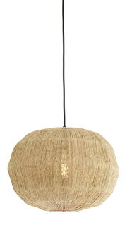 Hängeleuchte aus natürlichem Material in Seitenansicht, mit schwarzem Kabel und warmem Licht.