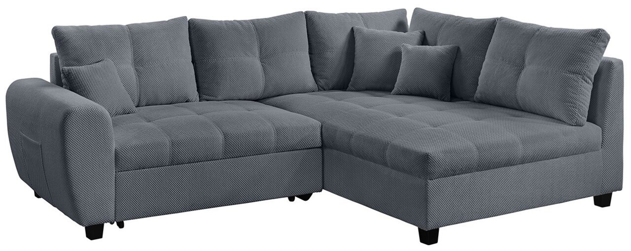 Graues Ecksofa mit weichem Stoffbezug, bestehend aus zwei Teilen, von vorne betrachtet.