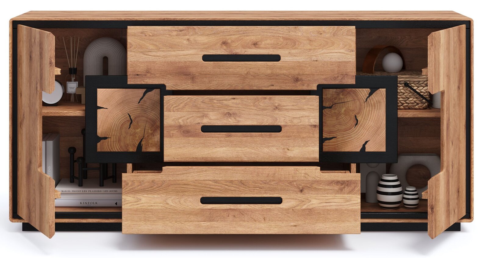 Frontansicht eines modernen Sideboards aus Holz mit schwarzen Akzenten, geöffneten Türen und drei Schubladen, dekoriert mit Büchern und Wohnaccessoires.