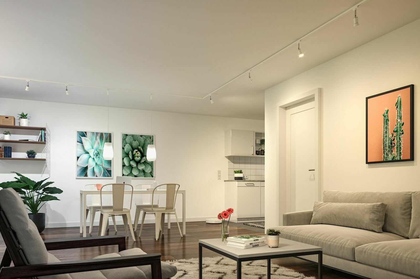 Moderne Wohnzimmeransicht mit LED-Leuchtmittel auf URail-Schiene an der Decke, helle und gemütliche Einrichtung.