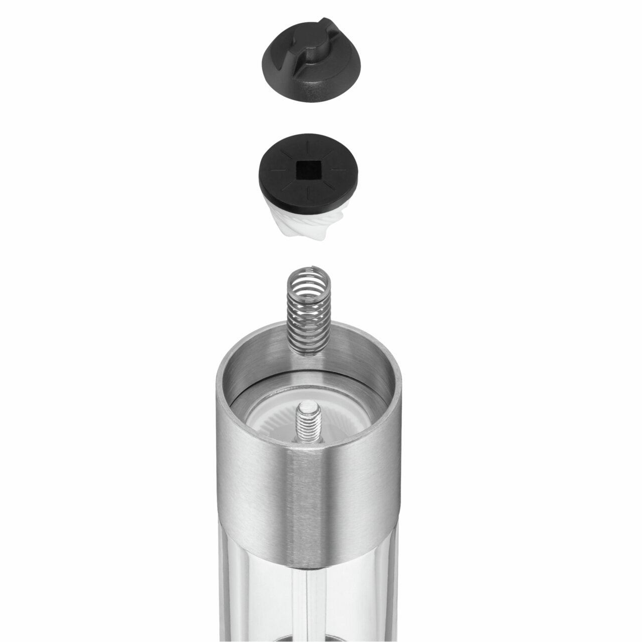 Explosionsansicht einer Minimühle mit Edelstahlgehäuse und abnehmbaren Teilen, von oben betrachtet.