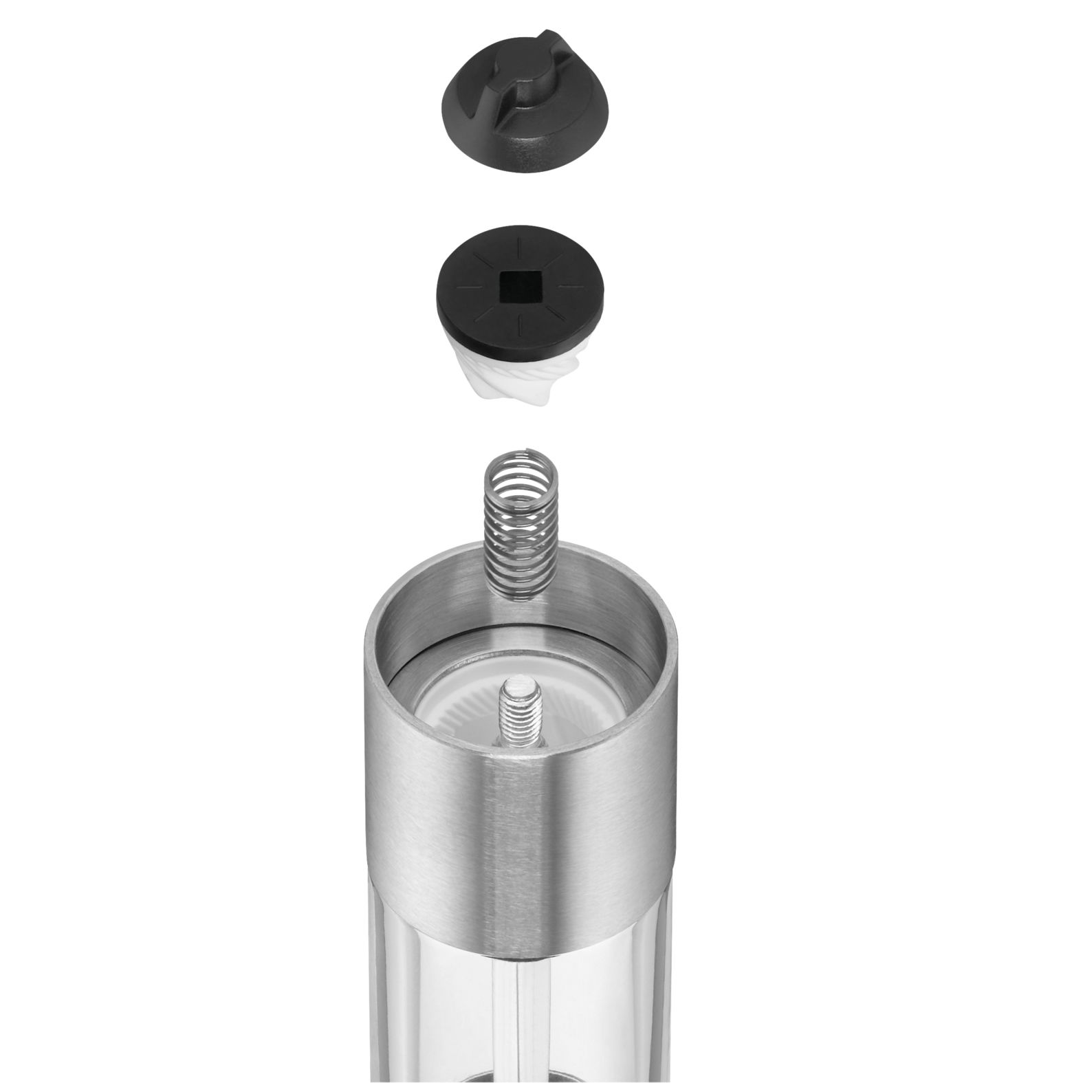 Explosionsansicht einer Minimühle mit Edelstahlgehäuse und abnehmbaren Teilen, von oben betrachtet.