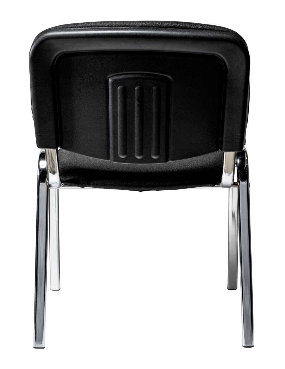 Rückansicht eines schwarzen Besucherstuhls mit verchromten Beinen