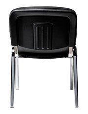 Rückansicht eines schwarzen Besucherstuhls mit verchromten Beinen