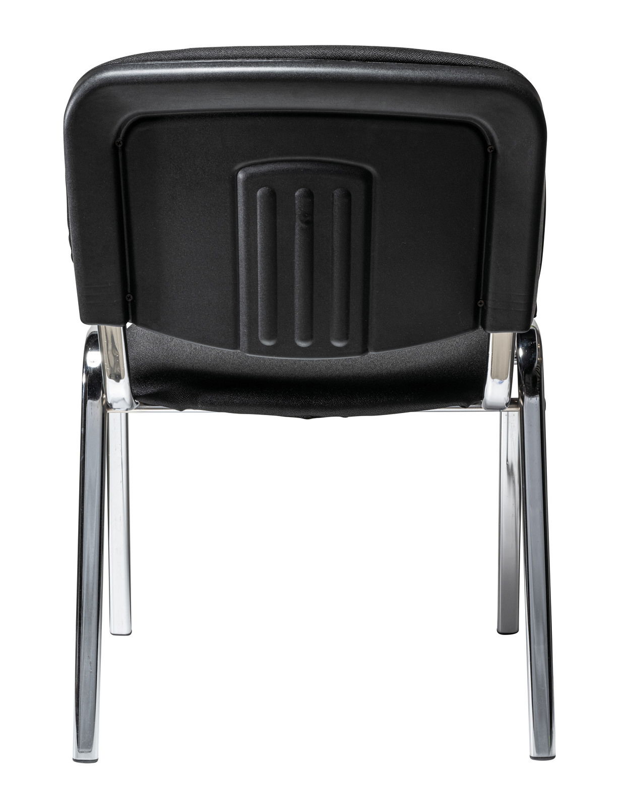 Rückansicht eines schwarzen Besucherstuhls mit verchromten Beinen