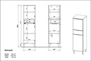 Technische Zeichnung eines Schranks mit den Maßen 34 cm Breite, 120 cm Höhe und 34 cm Tiefe, Frontansicht und perspektivische Ansicht.
