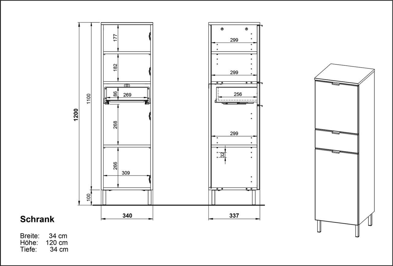 Technische Zeichnung eines Schranks mit den Maßen 34 cm Breite, 120 cm Höhe und 34 cm Tiefe, Frontansicht und perspektivische Ansicht.