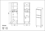 Technische Zeichnung eines Schranks mit den Maßen 34 cm Breite, 120 cm Höhe und 34 cm Tiefe, Frontansicht und perspektivische Ansicht.