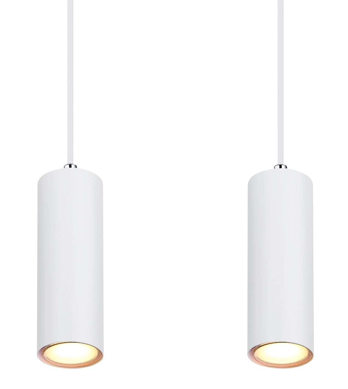 Zwei zylinderförmige, weiße Hängeleuchten aus seitlicher Perspektive mit warmem Lichtschein.