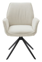 Frontansicht eines modernen Armlehnstuhls mit cremefarbenem Stoffbezug und schwarzen Metallbeinen.