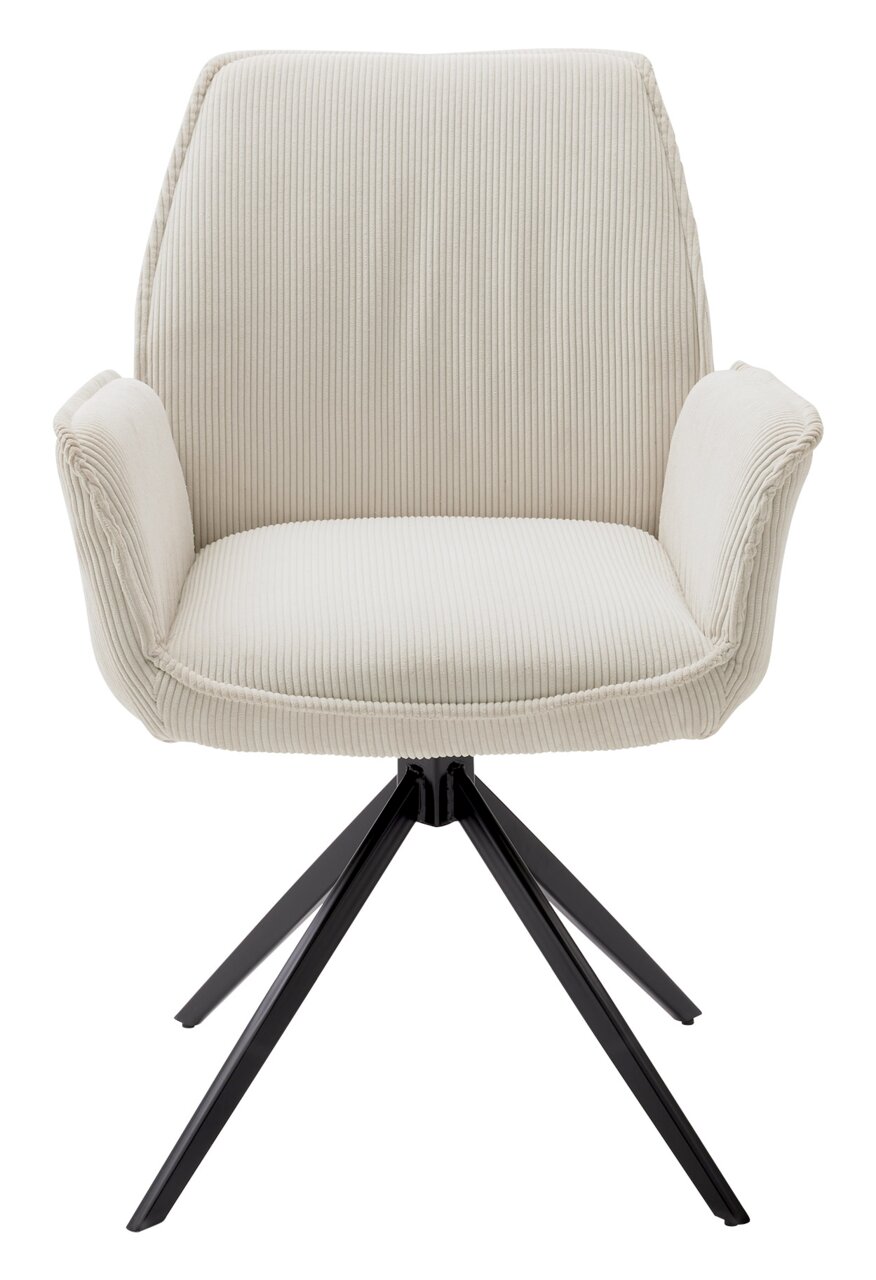 Frontansicht eines modernen Armlehnstuhls mit cremefarbenem Stoffbezug und schwarzen Metallbeinen.