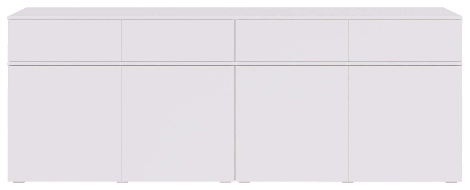 Weißes Sideboard mit glatter, griff­loser Front und mehreren Schranktüren, frontale Ansicht.