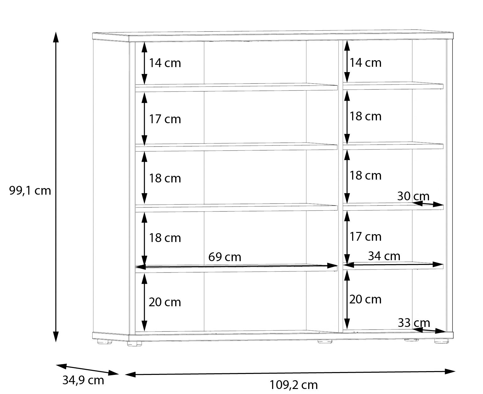 Frontansicht eines XL-Schuhschranks mit mehreren Regalböden, Abmessungen 99,1 cm hoch, 109,2 cm breit und 34,9 cm tief.