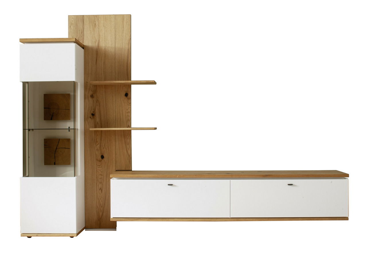 Novel Wandkombination MATADI Wandkombination MATADI in moderner Frontansicht, bestehend aus weißem und holzfarbenem Material mit Vitrine und Regalböden.