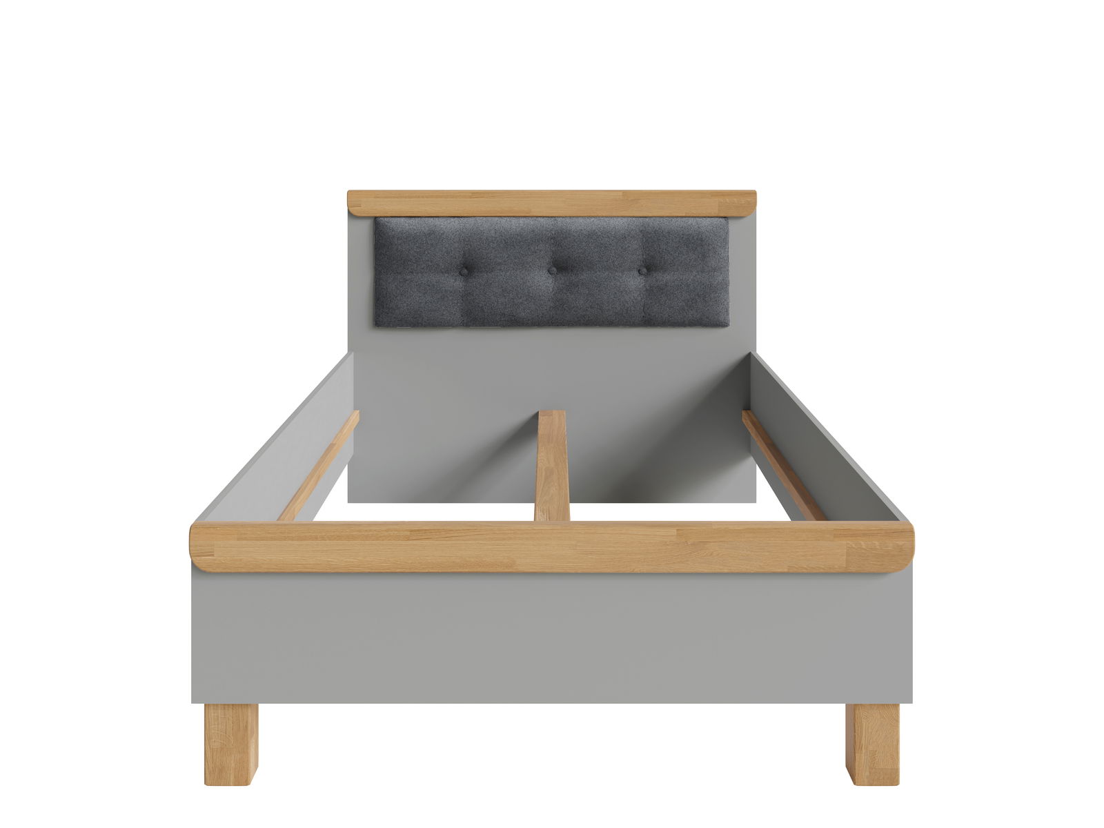 Frontale Ansicht eines grauen Bettgestells mit Holzdetails und gepolstertem Kopfteil.