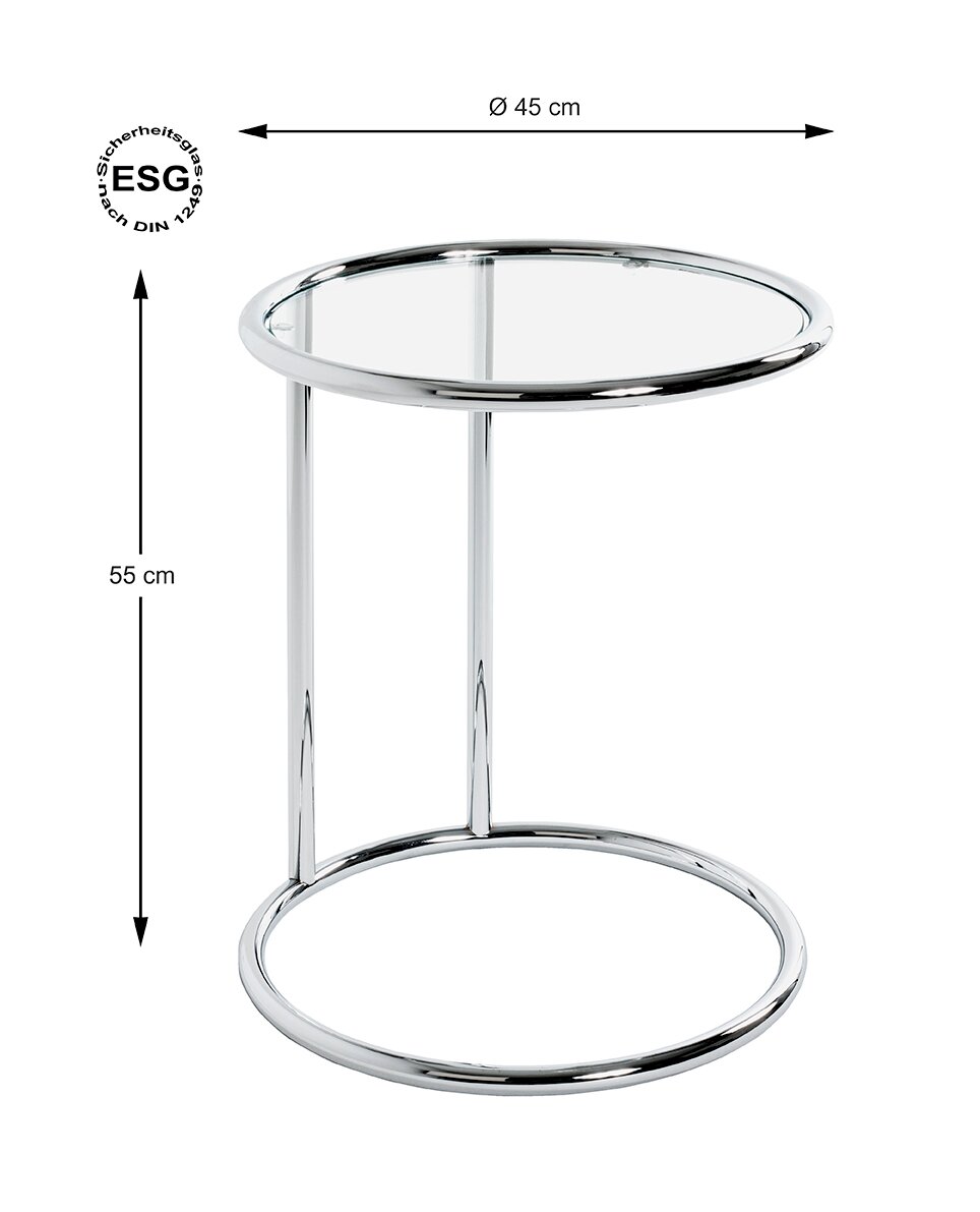 Verchromtes Tischgestell für runden Glas-Beistelltisch mit zwei Ringrahmen, Ø 45 cm und 55 cm Höhe, Produktansicht schräg von vorn auf weißem Hintergrund.