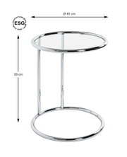 Verchromtes Tischgestell für runden Glas-Beistelltisch mit zwei Ringrahmen, Ø 45 cm und 55 cm Höhe, Produktansicht schräg von vorn auf weißem Hintergrund.