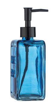 Blauer Seifenspender aus Glas mit schwarzem Pumpkopf, seitliche Perspektive