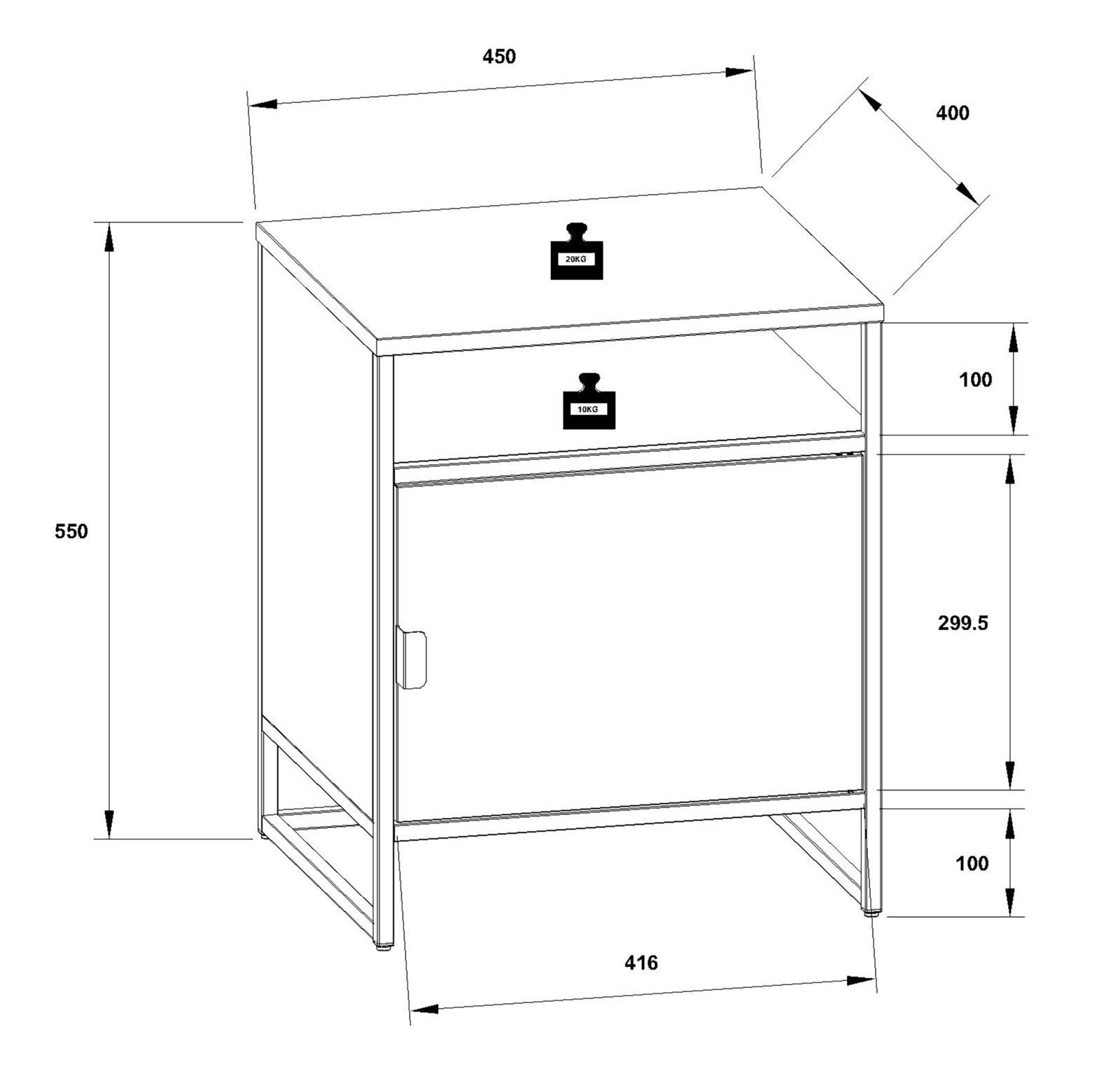 Technische Maßzeichnung eines kompakten Schranks/Unterschranks mit Tür und Ablage, Maße ca. 450 x 400 x 550 mm, Traglast oben 20 kg und innen 10 kg, dargestellt in schräger Vorderansicht von oben.