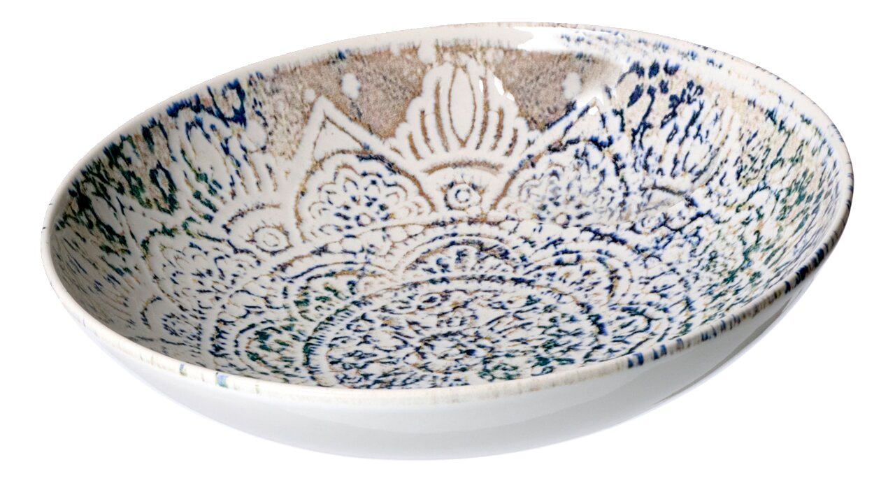 Schale mit kunstvollem, blau-grünem Muster, seitliche Perspektive