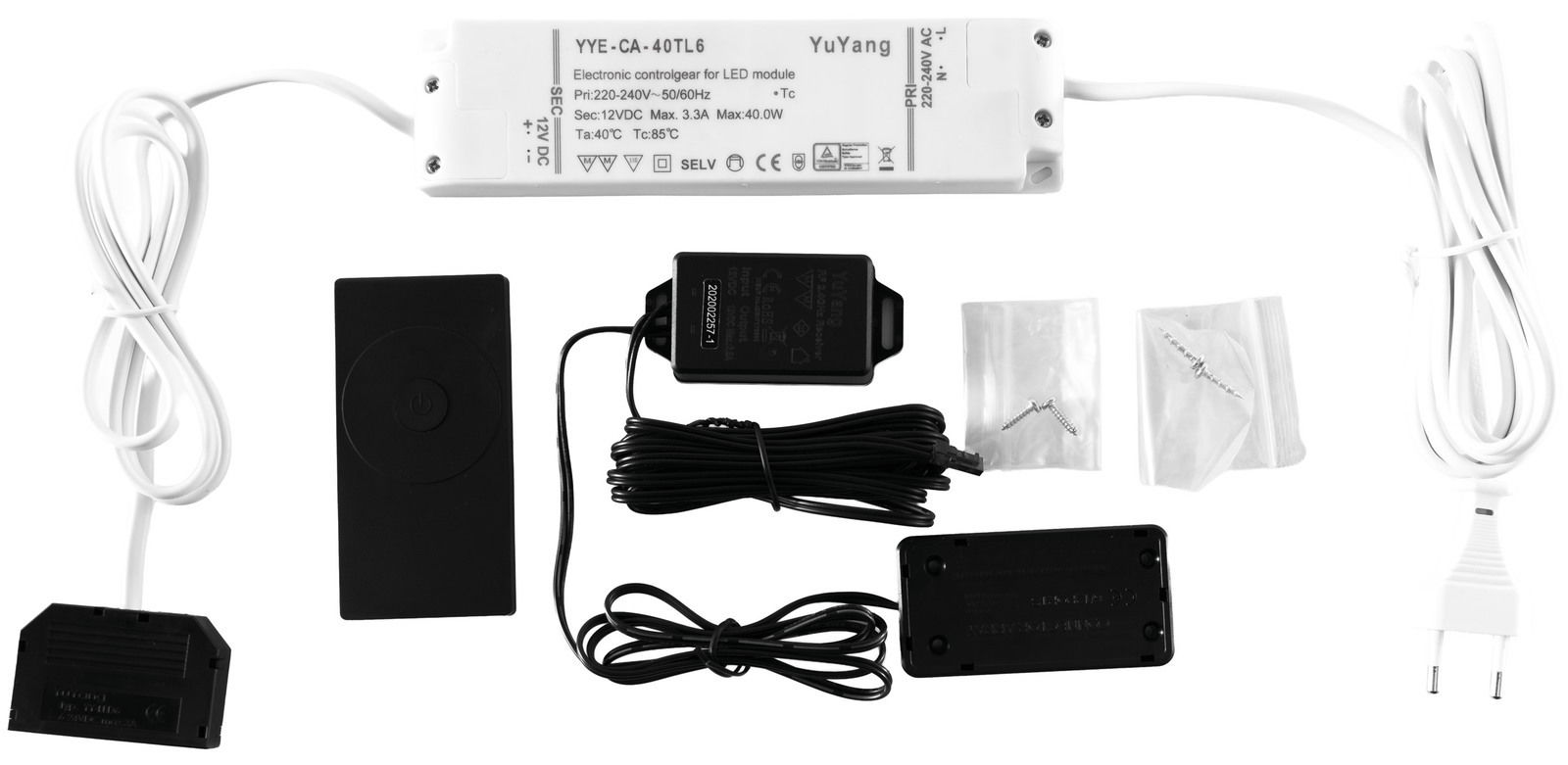 Funkfernbedienungs-Set mit verschiedenen Komponenten, darunter ein elektronisches Steuergerät, Fernbedienung, Kabel und Befestigungsschrauben, aus der Vogelperspektive.