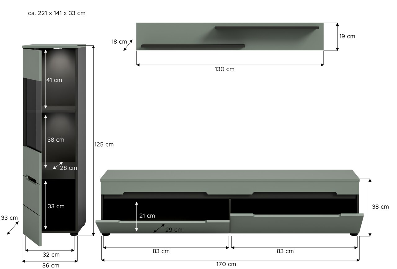 Bemaßte technische Ansicht eines modernen Wohnzimmermöbel-Sets in Grau: hoher Schrank (ca. 125 × 36 × 33 cm) mit Tür und Schublade, niedriges TV-Lowboard (ca. 170 × 38 cm) mit zwei Auszügen sowie Wandboard (ca. 130 × 19 × 18 cm), dargestellt in Front- und