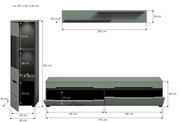 Bemaßte technische Ansicht eines modernen Wohnzimmermöbel-Sets in Grau: hoher Schrank (ca. 125 × 36 × 33 cm) mit Tür und Schublade, niedriges TV-Lowboard (ca. 170 × 38 cm) mit zwei Auszügen sowie Wandboard (ca. 130 × 19 × 18 cm), dargestellt in Front- und