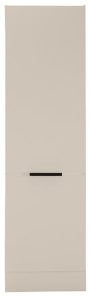 Frontansicht eines beige Kühlschrankumbaus mit schwarzem Griff.