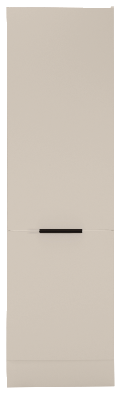 Frontansicht eines beige Kühlschrankumbaus mit schwarzem Griff.