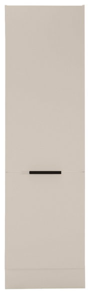 Frontansicht eines beige Kühlschrankumbaus mit schwarzem Griff.