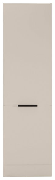 Frontansicht eines beige Kühlschrankumbaus mit schwarzem Griff.