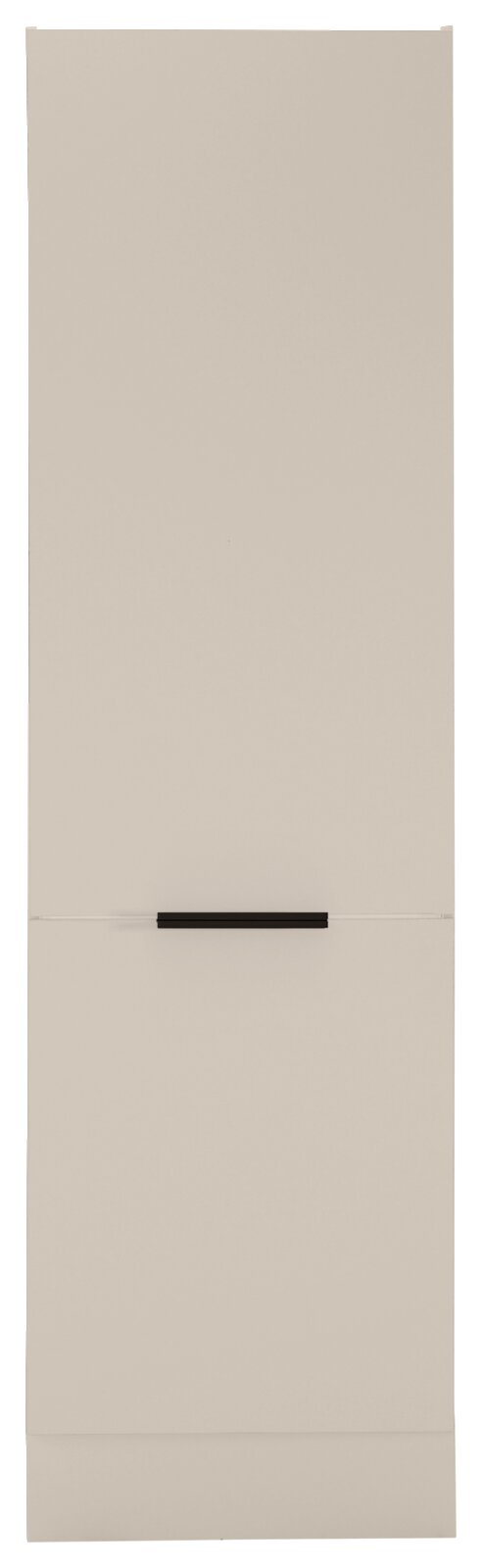Vooraanzicht van een beige koelkastombouw met zwarte handgreep.