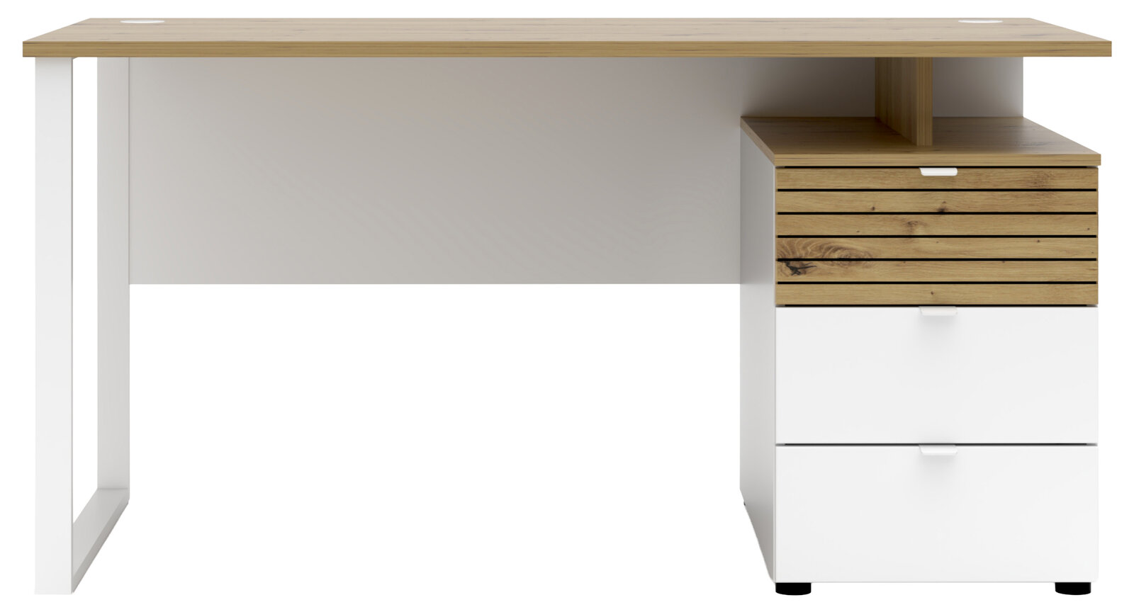 Moderner Schreibtisch mit Holz- und Weiß-Elementen, Frontalansicht