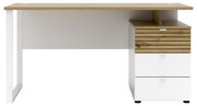 Moderner Schreibtisch mit Holz- und Weiß-Elementen, Frontalansicht