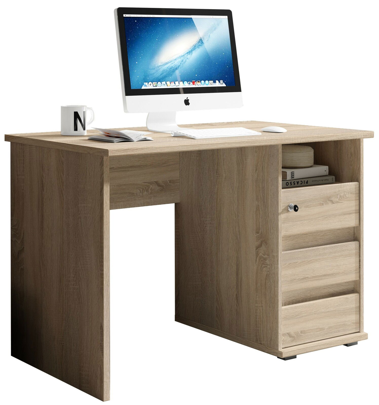 Moderner Schreibtisch aus Holz mit integriertem Stauraum, seitliche Perspektive