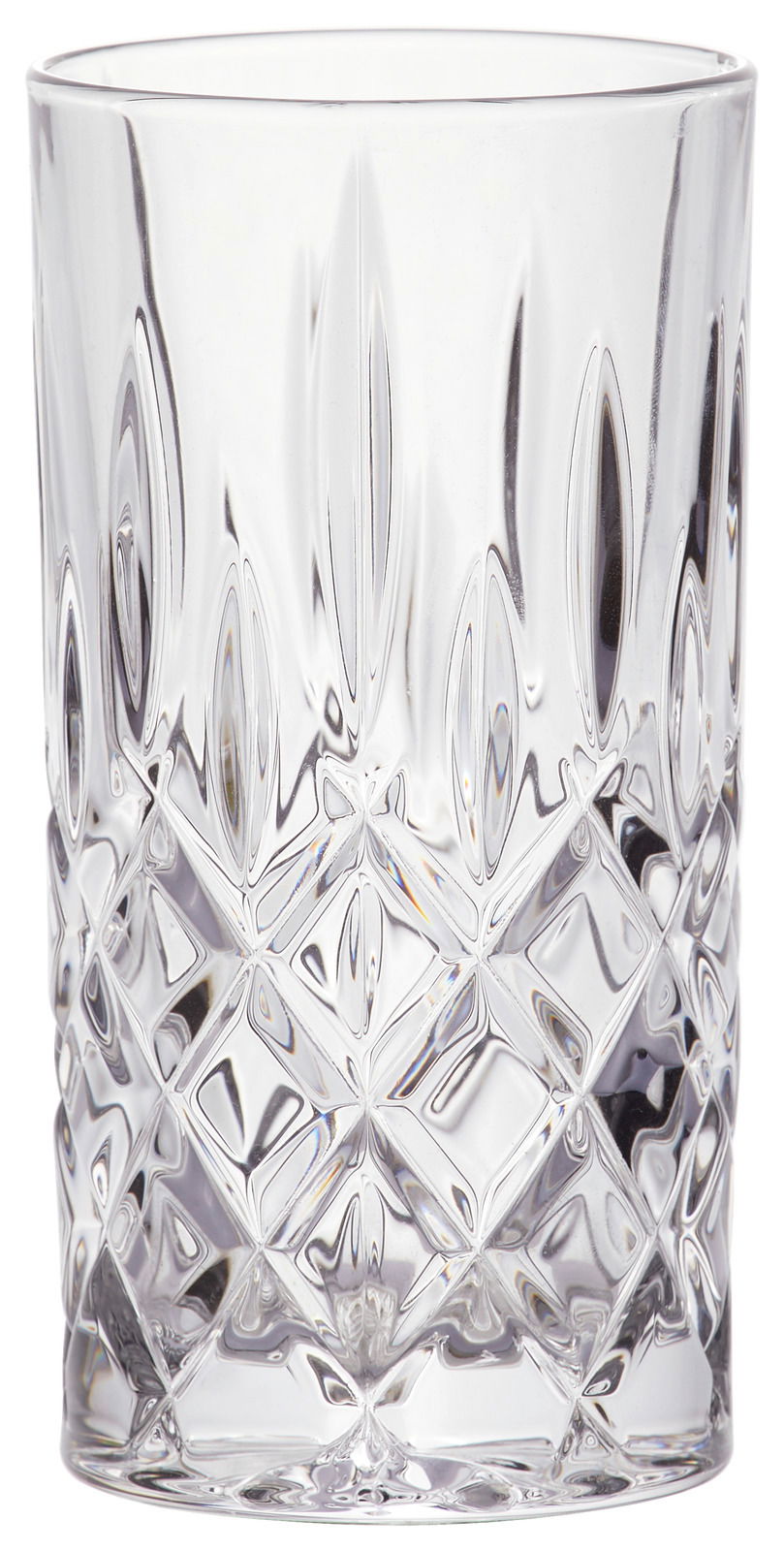Kristallklarer Longdrinkbecher Noblesse 375ml mit elegantem Schliffmuster, seitliche Perspektive