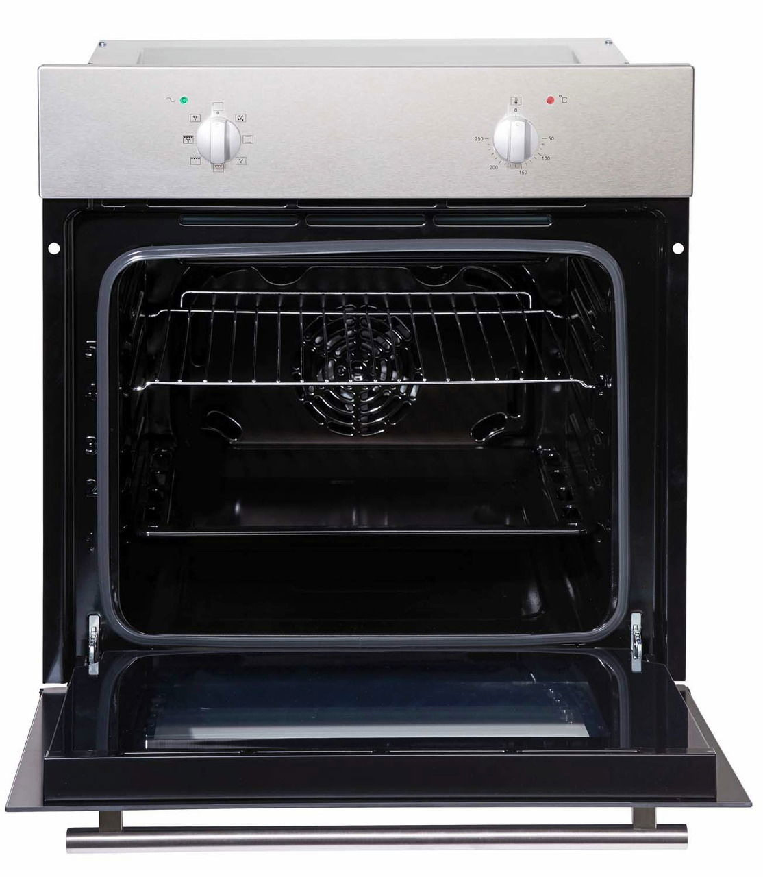 Offener Backofen mit Edelstahlfront und zwei Drehknöpfen, Frontalansicht