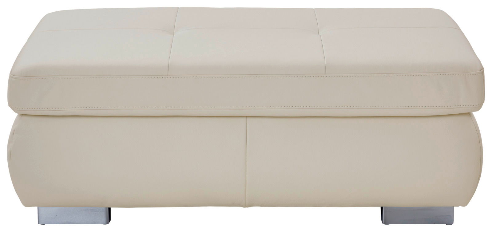 Beiger XXL Hocker aus Leder, frontal fotografiert, mit quadratischer Steppung und silbernen Füßen.